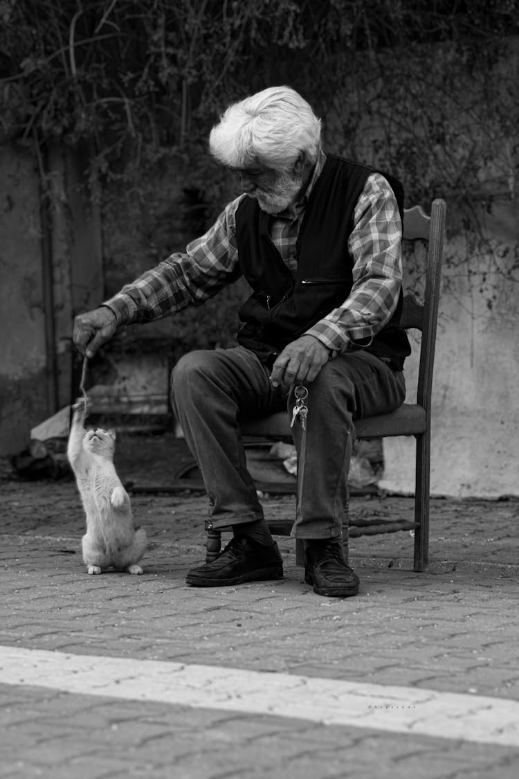 Elderly Man Playing With Cat