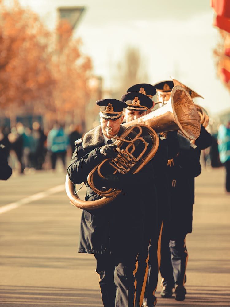 Military Music Band Marching With Trumpets