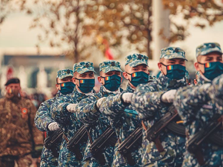 Soldiers Marching In Face Masks