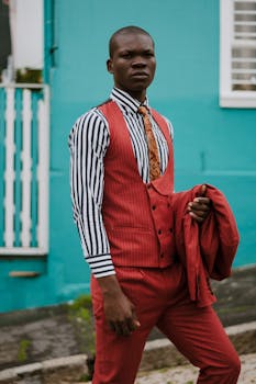 Confident man in a red suit posing outside on a vibrant street.