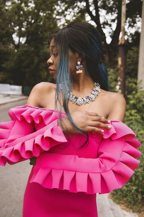 Woman Wearing Pink Off-shoulder Dress