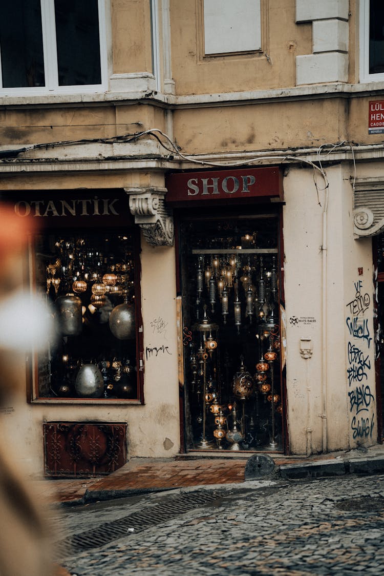 Exterior Of A Shop With Chandeliers 