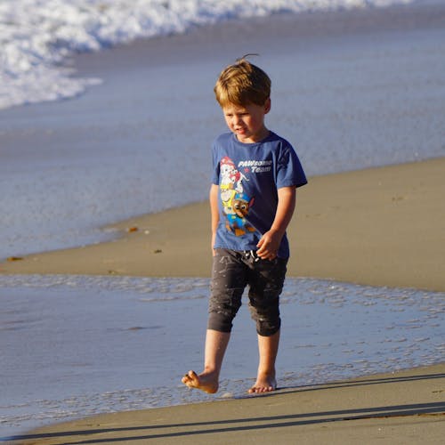 Free A Barefooted Boy Walking on the Shore of the Beach Stock Photo