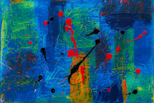 这幅动态抽象表现主义绘画，以充满活力的蓝色、红色和绿色为特色