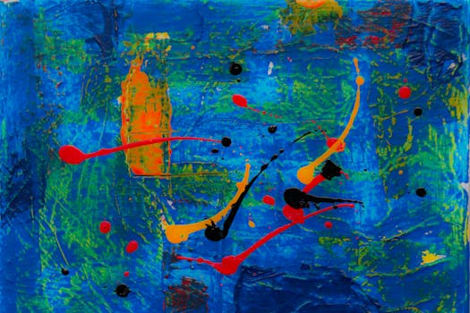 这幅抽象画色彩大胆，笔触富有表现力，充满活力