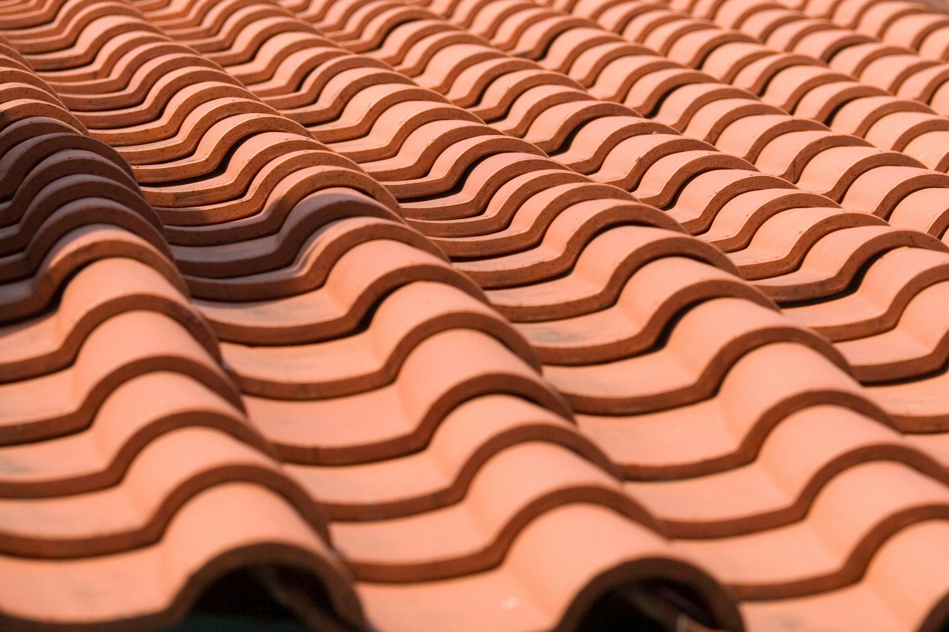 Detailed close-up of terracotta roof tiles, showcasing their wave-like pattern.