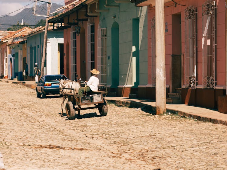 Man In Wagon Riding On Village Road