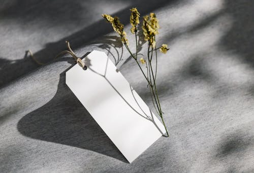 A Blank Bookmark Beside Yellow Dried Flowers on Gray Surface