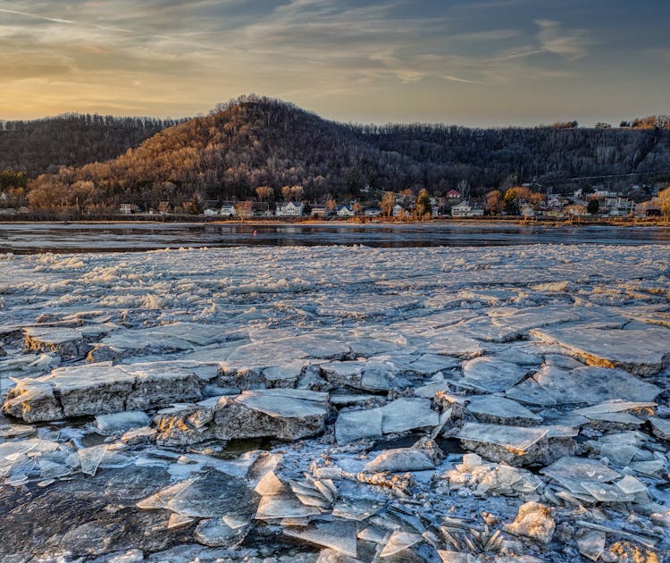 Ice On Lake Near Village