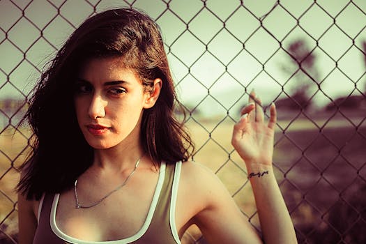 这幅迷人的肖像画，描绘了一位外表时尚的年轻女子，她正站在铁丝网栅栏旁