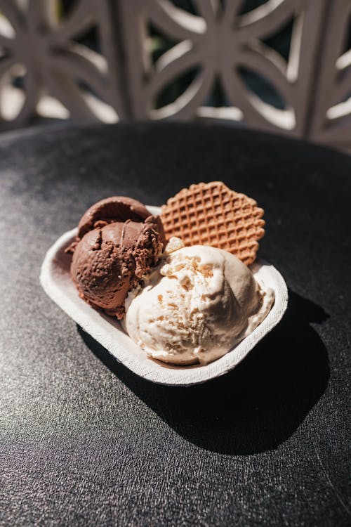 
A Plate of Ice Cream and a Piece of a Stroopwafel