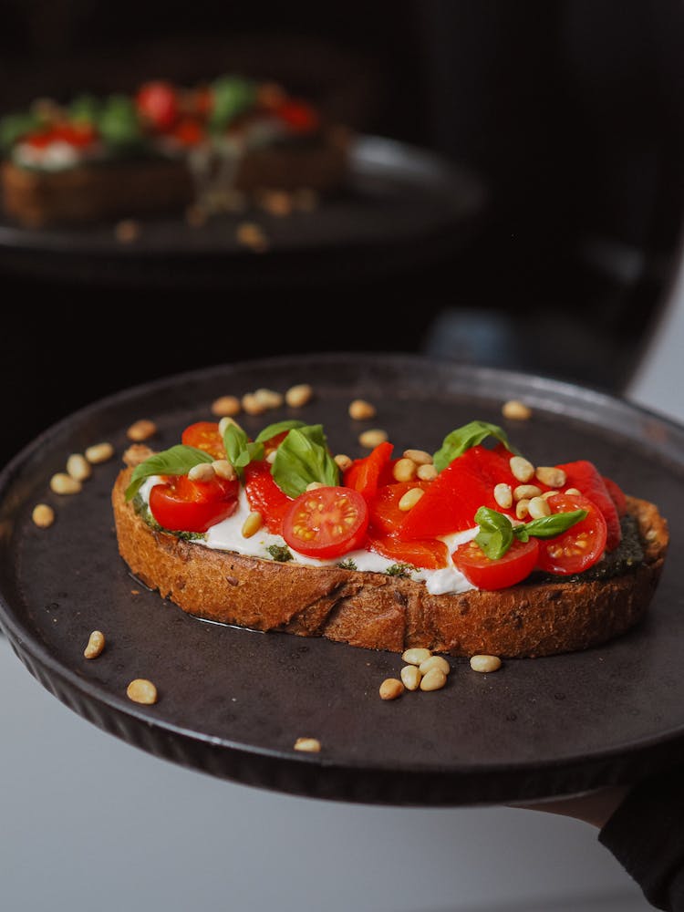 Delicious Bread Slice With Tomatoes And Basil Fried On Pan