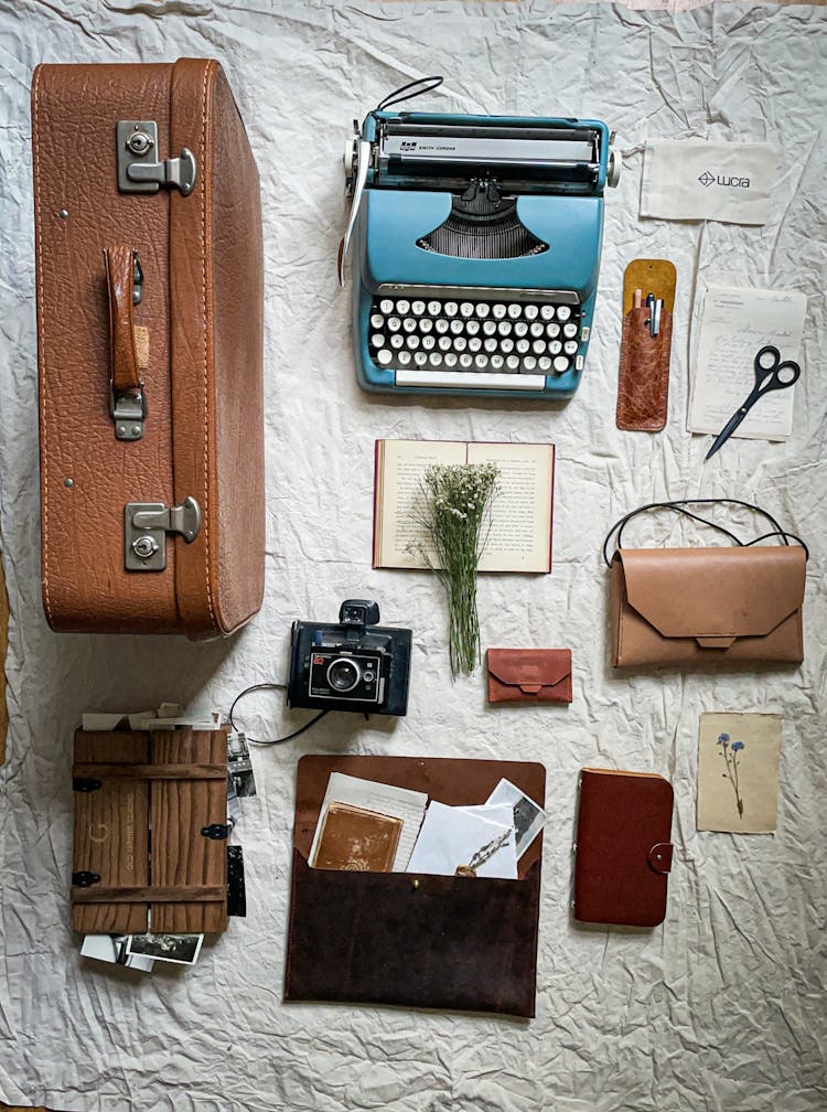 Vintage Typewriter, Camera And Accessories Still Life