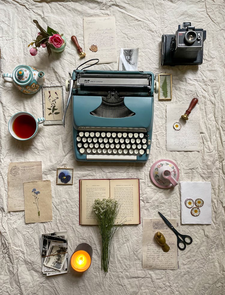 Vintage Typewriter, Camera And Accessories Still Life