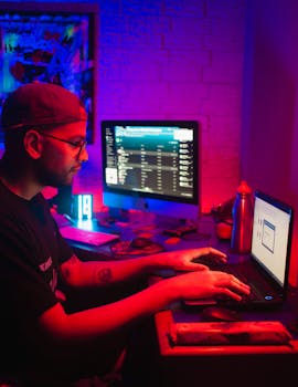 Man wearing cap uses laptop in a neon lit room, blending technology and creativity.
