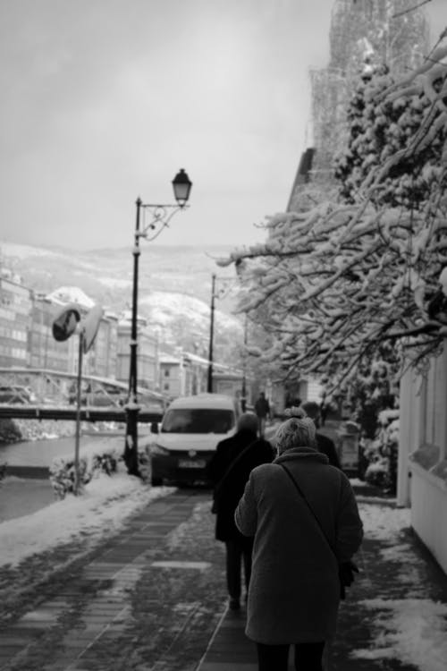 
A Grayscale of People Walking on a Street