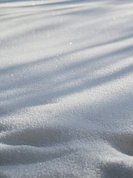 Close-up of a snow surface with natural light revealing texture and shadow patterns.