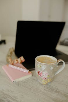 A floral coffee mug on a workspace beside a laptop and notepad.