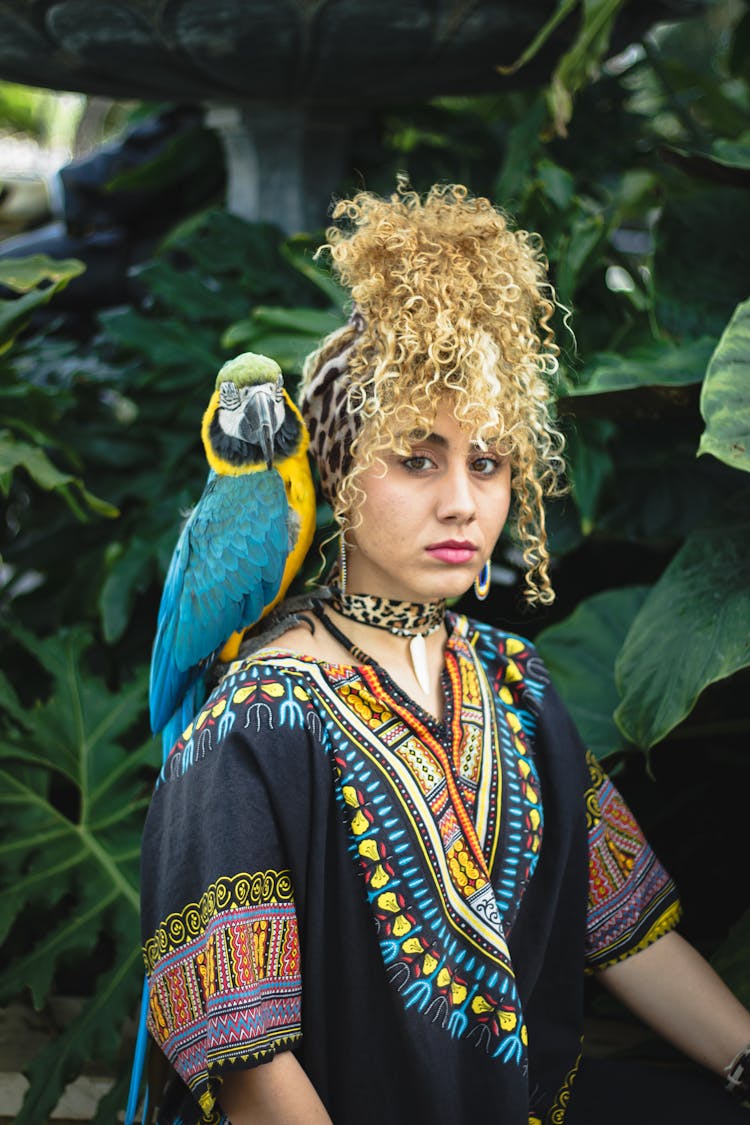 Macaw Bird On Woman's Shoulder