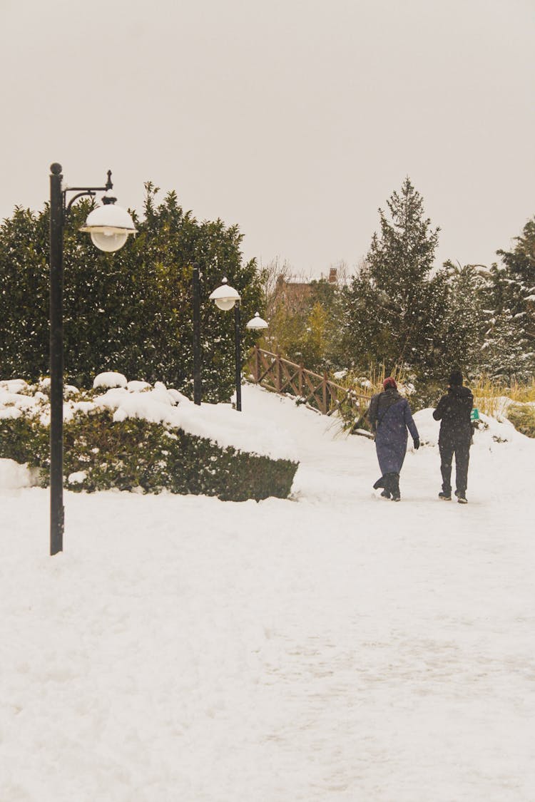 People Walking On Snow Covered Walkway