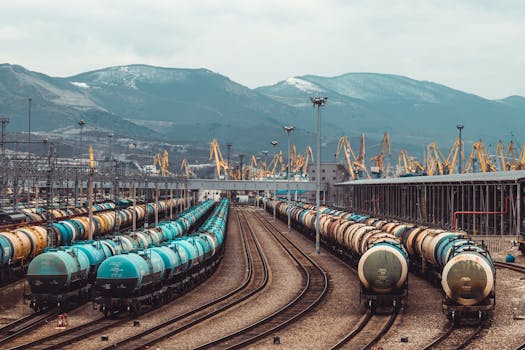 Long cargo trains line up at a station with cranes and mountains in the backdrop, capturing industrial logistics.
