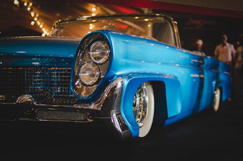 Blue vintage Car in Close Up Photography