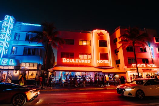 Captivating view of lit-up hotels and nightlife on Miami's Ocean Drive.