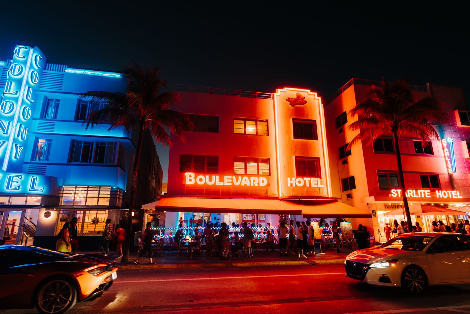 The pastel hotel facades along this strip look best in the soft light just after sunrise, before the sidewalks fill up.