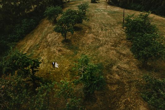 A stunning aerial shot of a couple surrounded by lush greenery, capturing a timeless wedding moment.