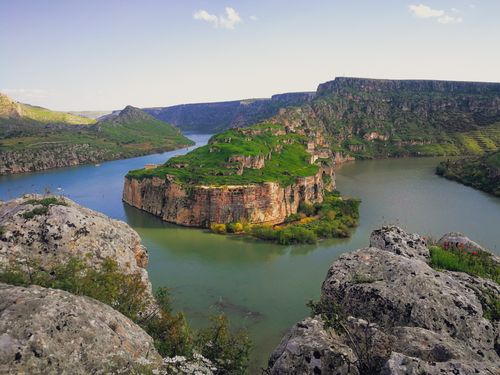 Free Breathtaking aerial view of Rumkale, a historic fortress surrounded by water in Turkey. Stock Photo