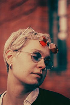 Close-up portrait of a trendy woman with sunglasses and short blonde hair, exuding a cool vibe.