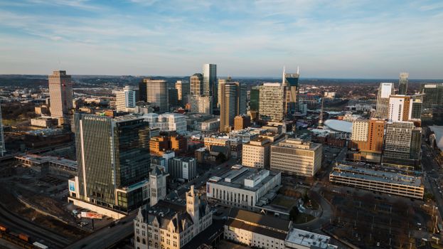 Stunning aerial view of Nashville's vibrant downtown skyline on a clear day.