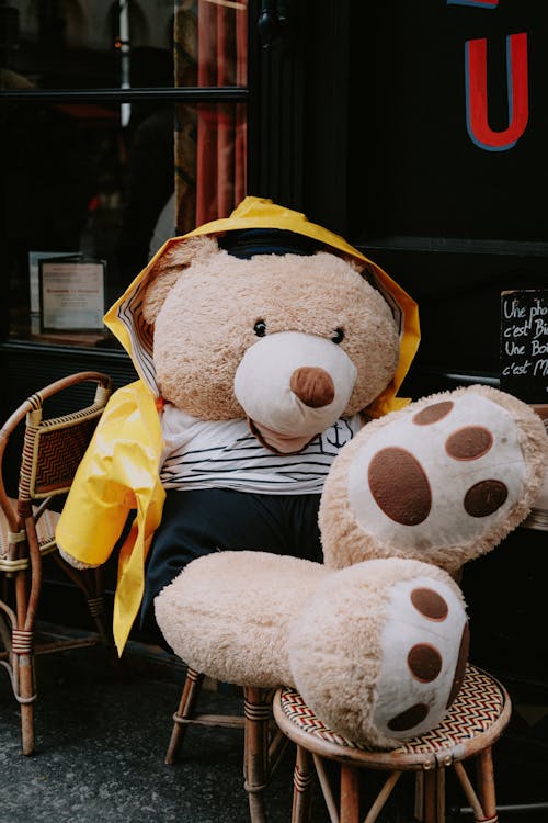 Free Massive Teddy Bear in Raincoat Seated at Coffee Table Before Cafeteria Stock Photo