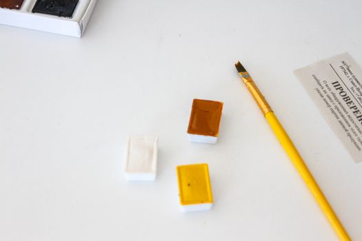A close-up of watercolor pans and a brush on a white table, ideal for artists.