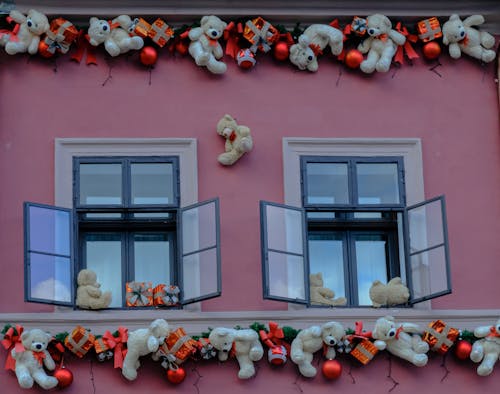 A Plush Toys Hanging on the Wall Near the Glass Windows