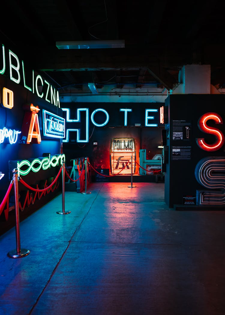 Glowing Neon Signs On Walls Of A Museum