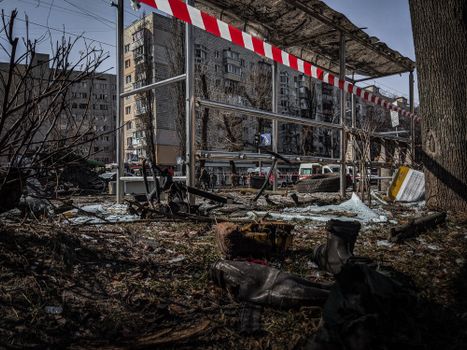 Devastated Bus Stop in Town after Bomb Explosion