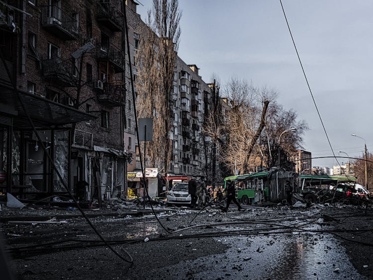 Destroyed City With Crashed Bus 