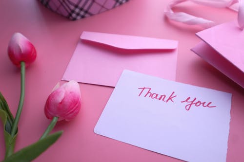 Free A Thank You Letter Near the Pink Flowers and Envelope Stock Photo