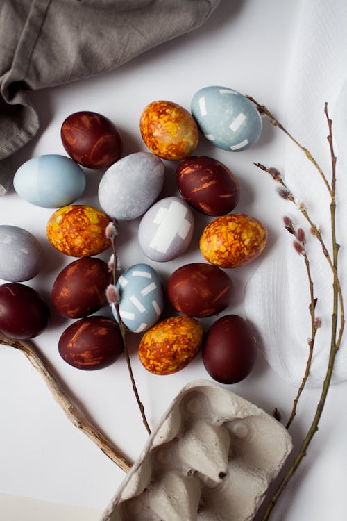 Painted Eggs and Willow Catkins on a Table