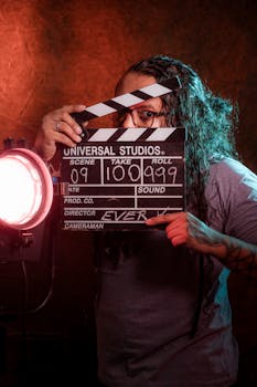 Tattooed film crew member with clapperboard in moody studio lighting.