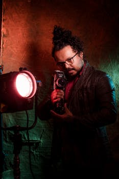 A man holding a vintage camera with cinematic lighting setup. Artistic and mysterious ambiance.