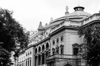 Grayscale Photo of a Building Near Tree