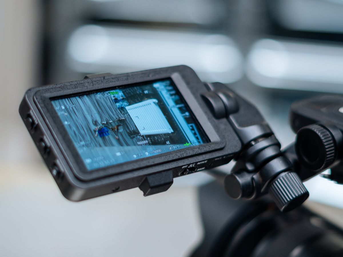 Close-up view of an inspection camera monitor displaying captured footage