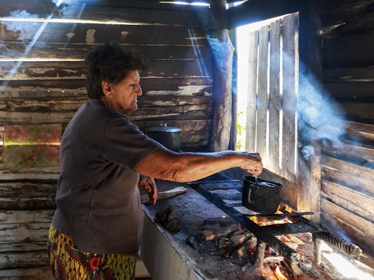 Woman Cooking In Wooden Cabin