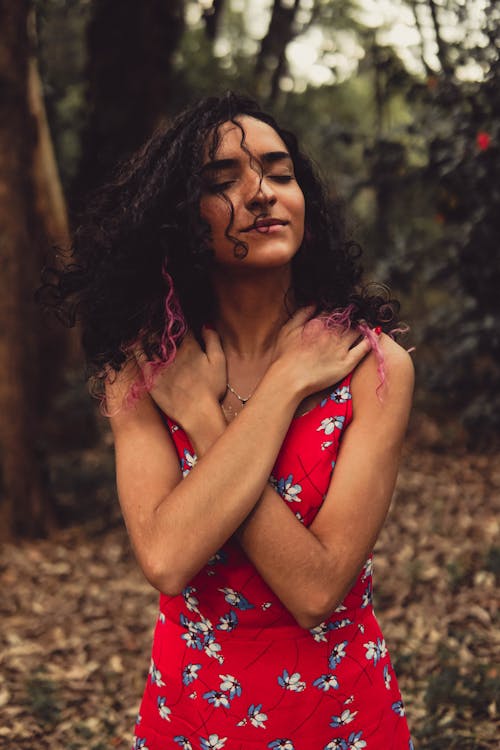 Woman Wearing Red Floral Dress