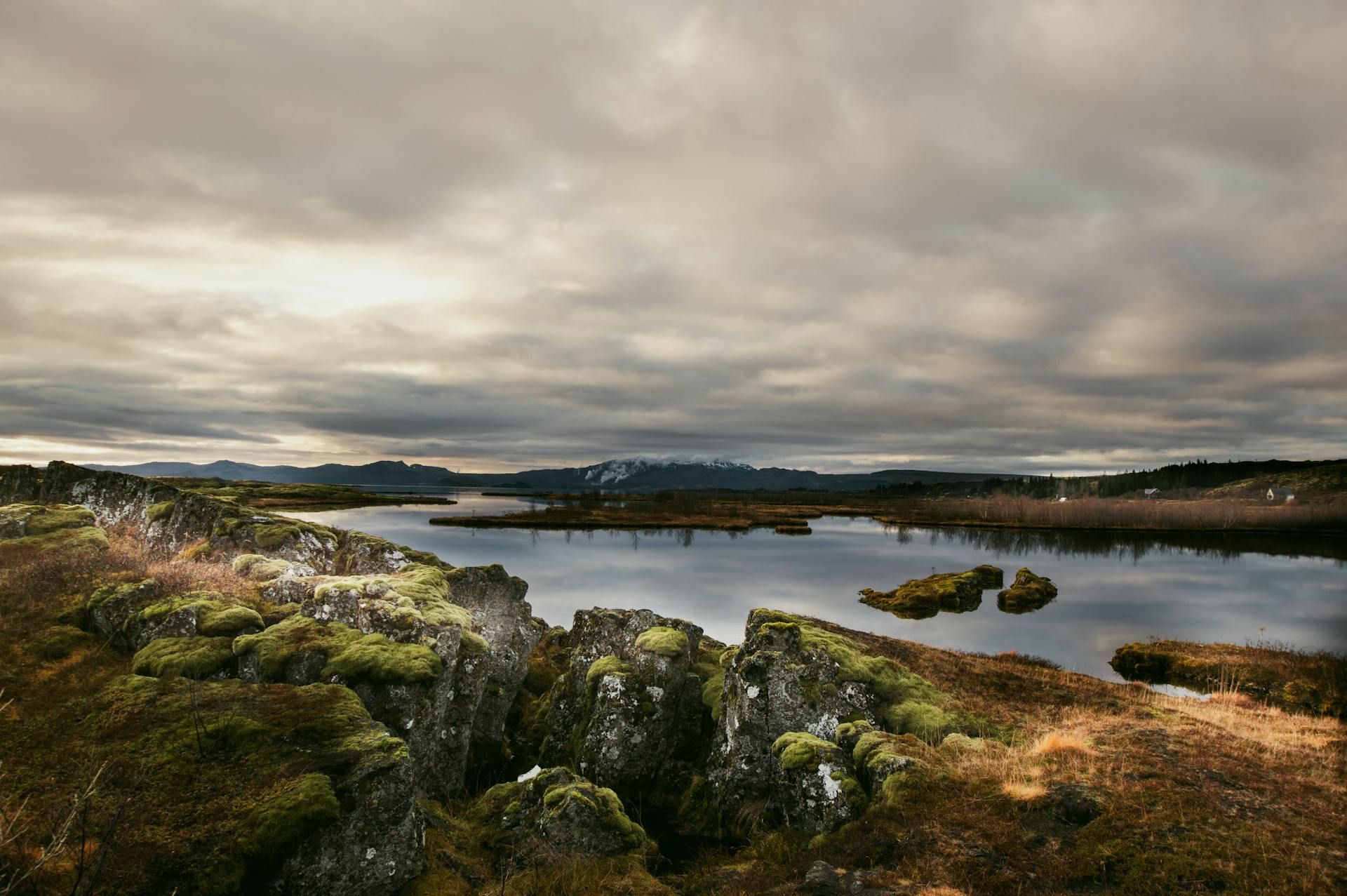 Explore the serene beauty of Iceland with this scenic landscape featuring moss-covered rocks reflecting in a tranquil lake under a cloudy sky.