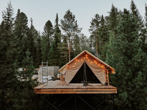 Free Campsite elevated in forest with fairy lights illuminating a cozy platform tent surrounded by lush trees. Stock Photo