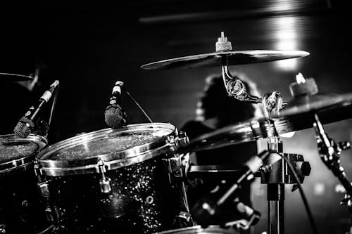 Black and White Photo of a Drumset