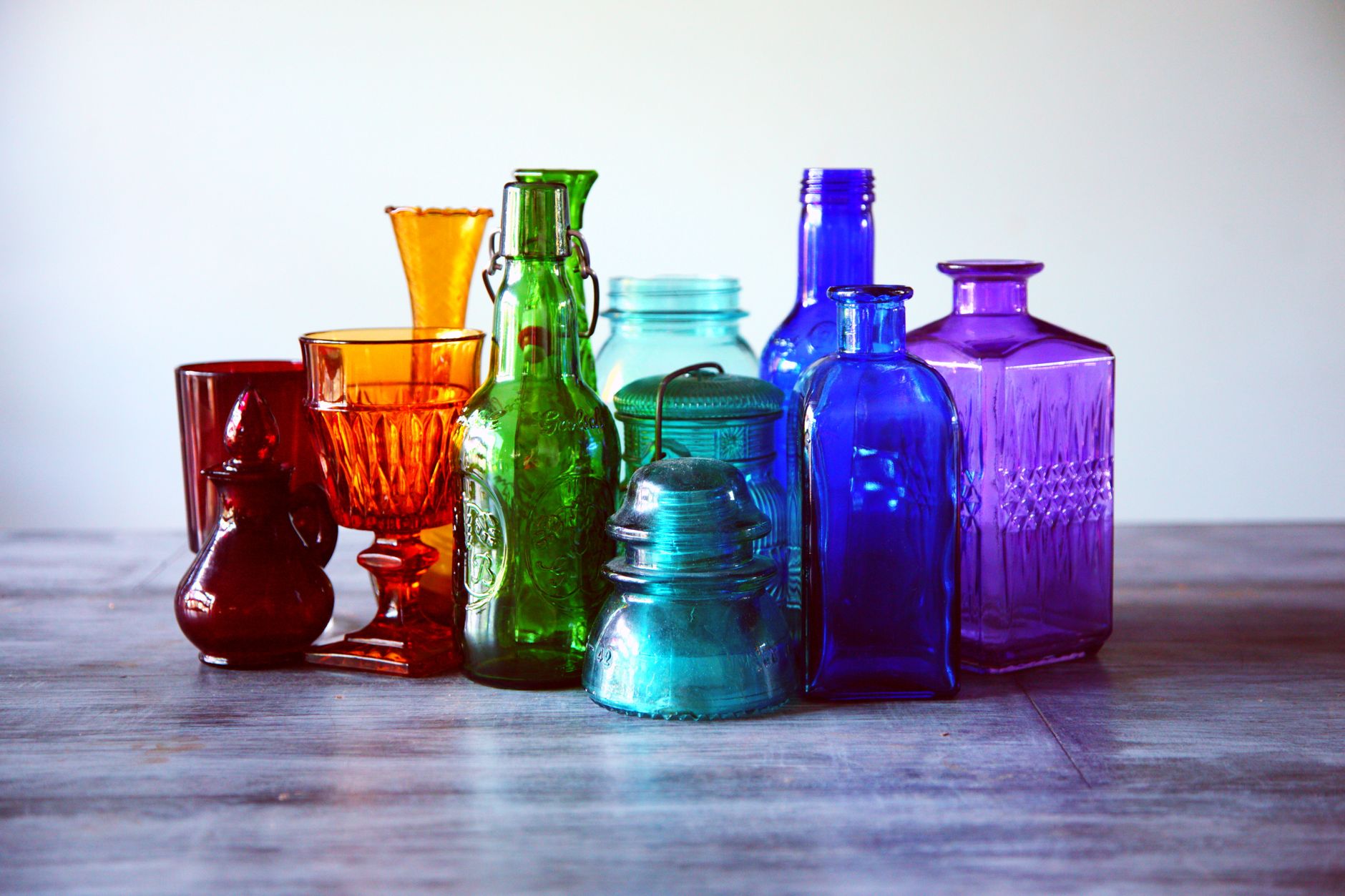 Close-up of vintage etched cocktail glasses